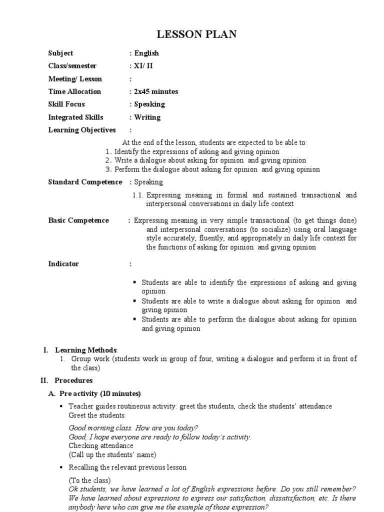 Lesson Plan 6 Expressions Of Asking And Giving Opinion Lesson Plan Rubric Academic