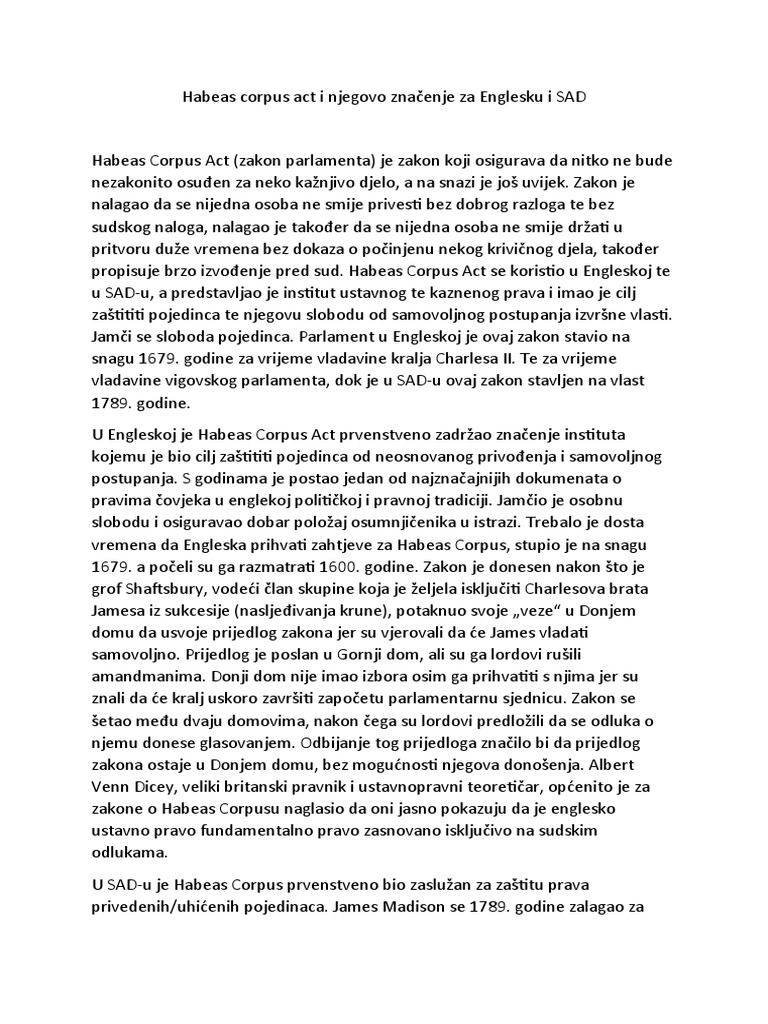Habeas corpus act i njegovo zna enje za englesku i sad pdf