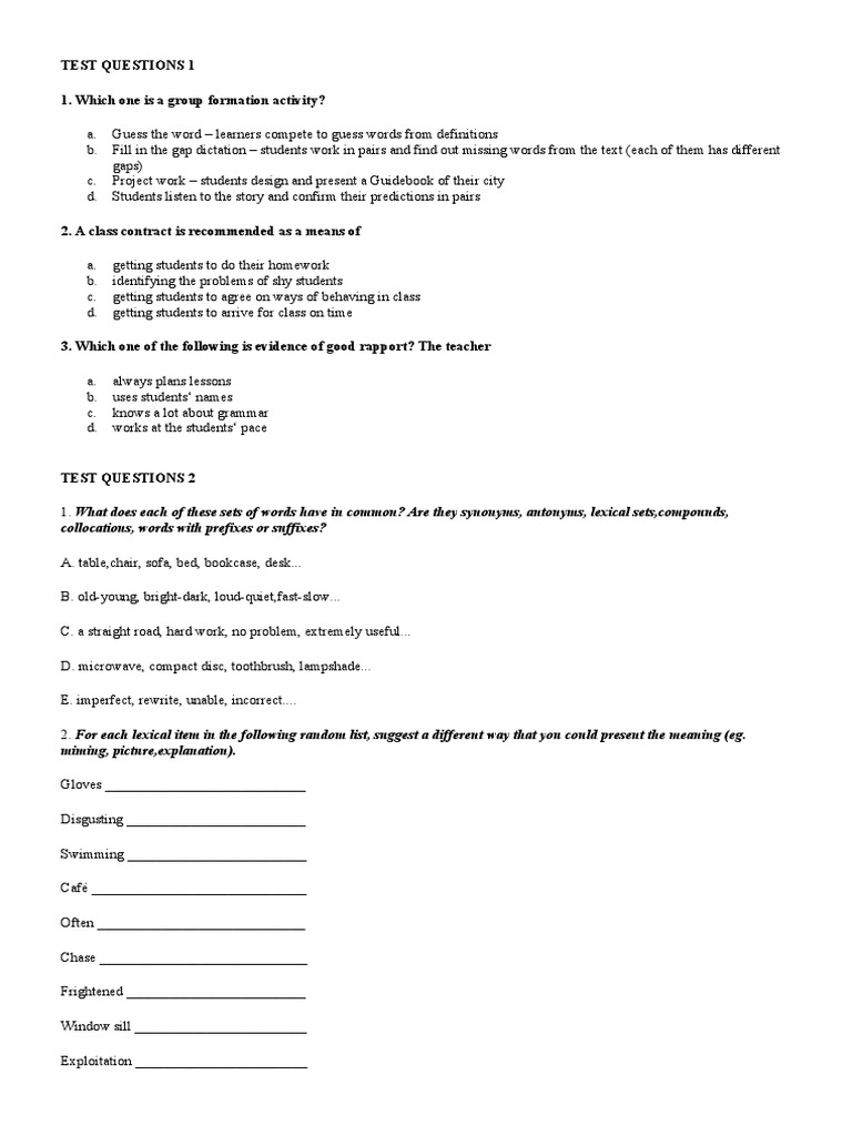 ESL Teaching Test Questions and Activities | PDF | Reading ...