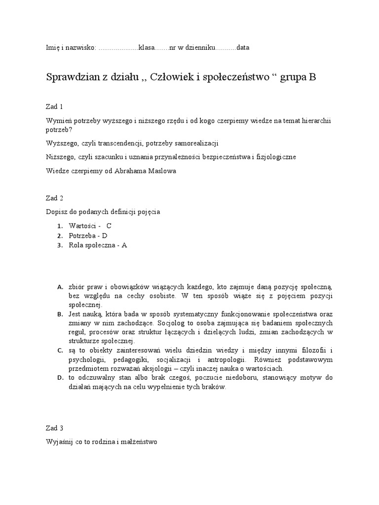 Test Z Wos Klasa 8 Dział 1 TEST NIEROZWIAZNY WOS DZIAŁ 1 GRUPA B | PDF