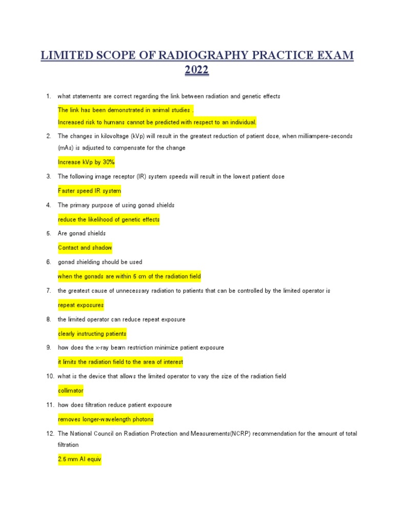 Limited Scope of Radiography Practice Exam 2022 | PDF