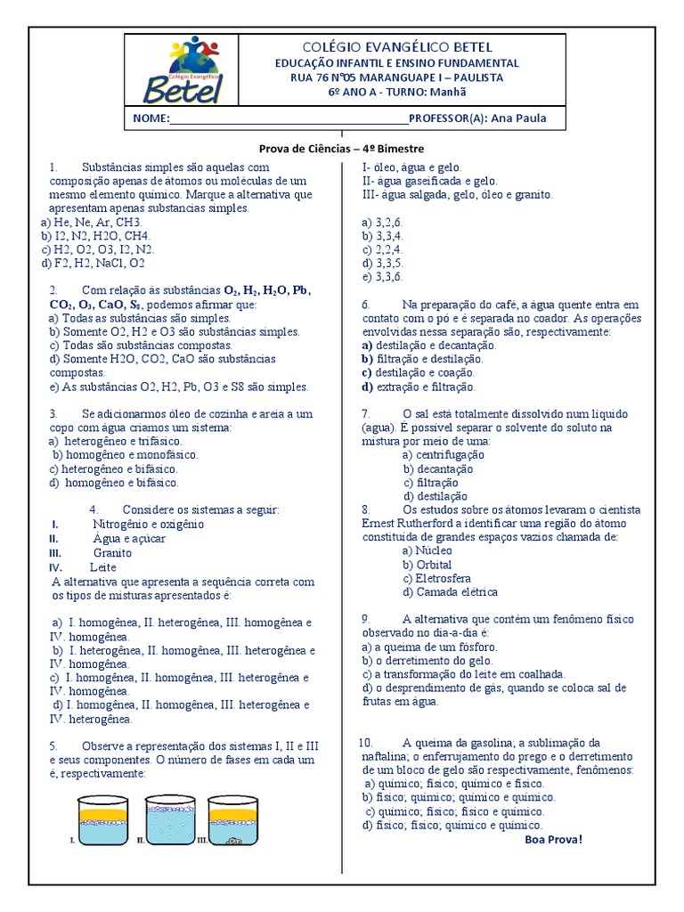 Prova de Ciências 6º Ano - 4º Bimestre | PDF