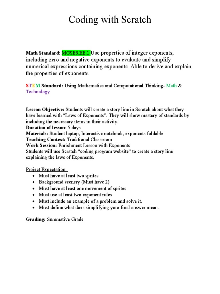 Scratch Storyline With Exponents PDF Exponentiation Mathematics