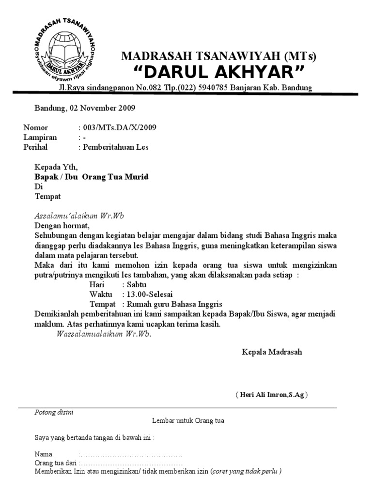 Contoh Surat Izin Sekolah