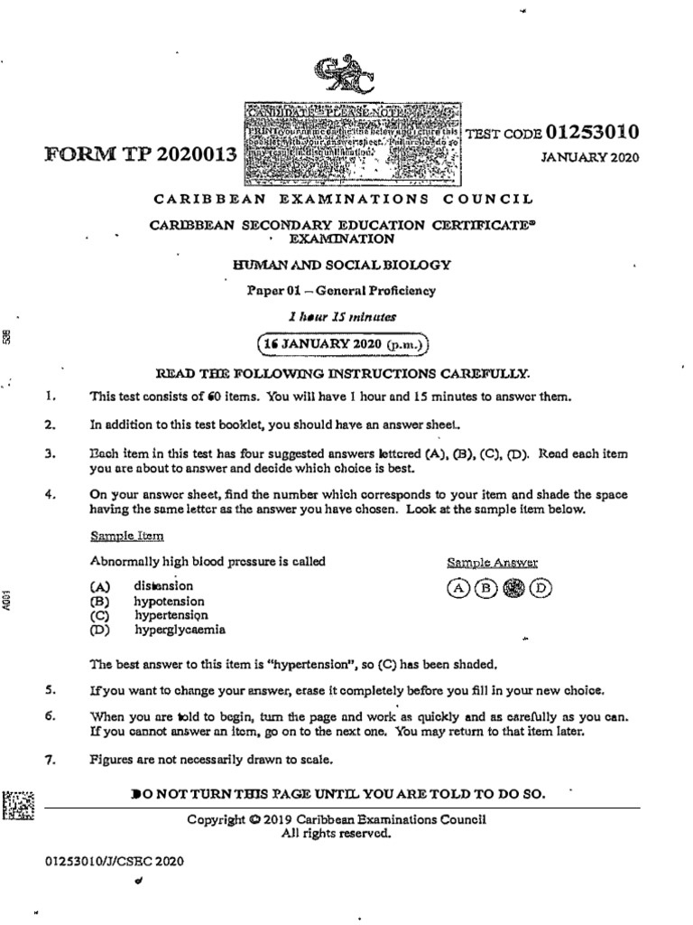 Csec human social biology january 2020 p1 pdf