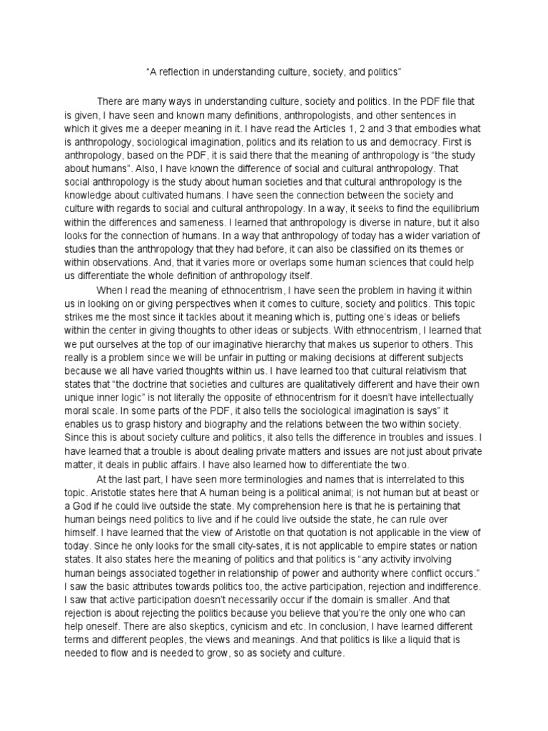 Reflection on Culture and Politics | PDF | Anthropology | Cultural ...