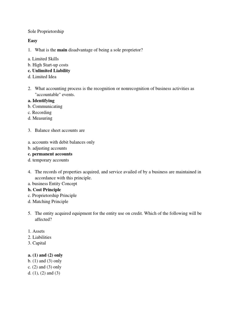 Sole Proprietorship Quiz Bee1 PDF Debits And Credits Corporate Jargon