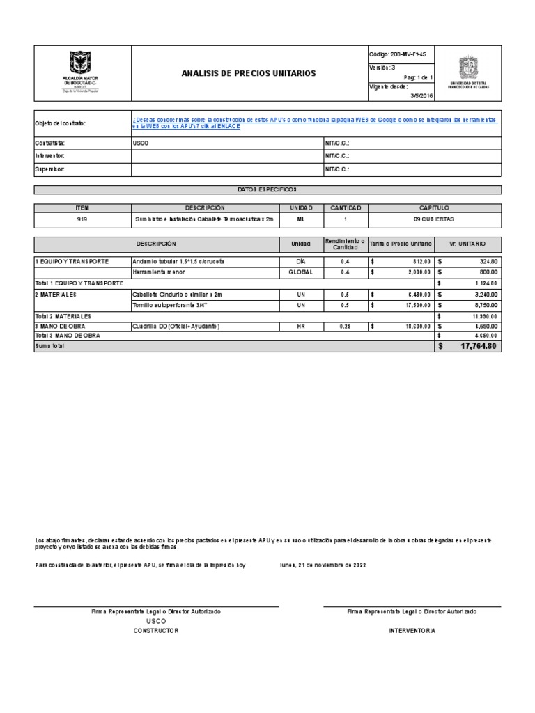 Análisis de Precios Unitarios APU 2022 | PDF | Informática