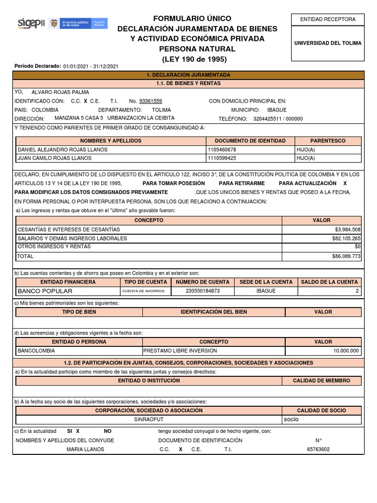 Formulario nico declaraci n juramentada de bienes y actividad