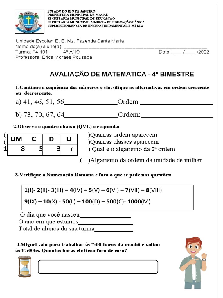 Avaliação de Matemática 4º Ano - 4º Bimestre | PDF