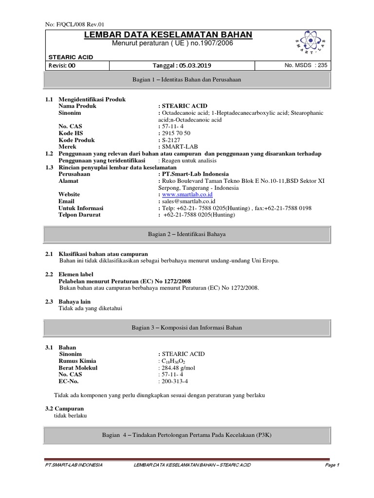Lembar Data Keselamatan Stearic Acid | PDF