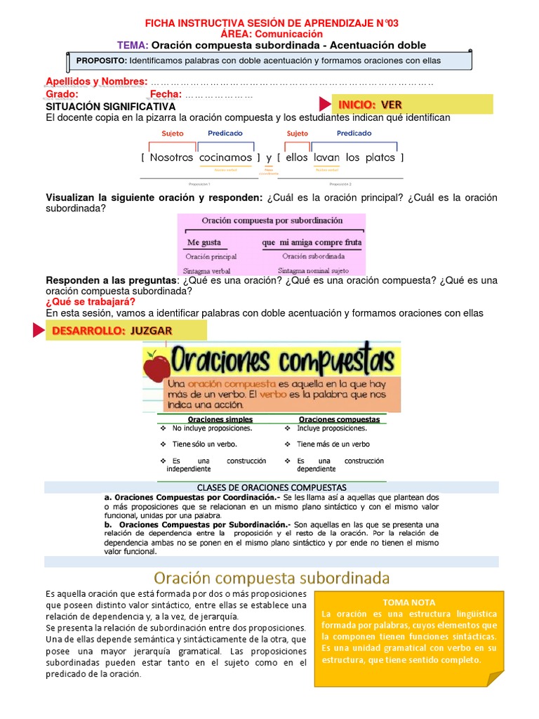 Oraciones Compuestas y Doble Acentuación | PDF | Artes del Lenguaje y ...