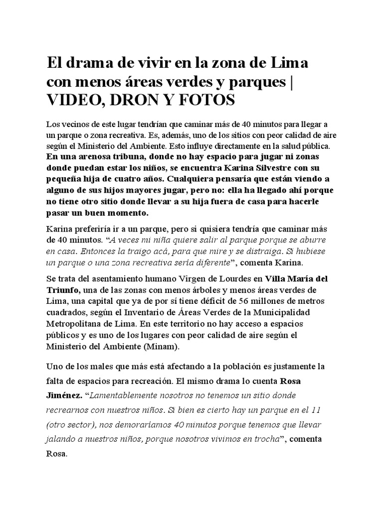 El Drama de Vivir en La Zona de Lima Con Menos Áreas Verdes y Parques ...