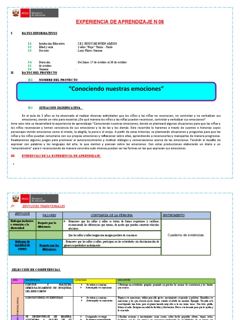 Experiencia de Aprendizaje Las Emociones 3 Años Terminado | PDF