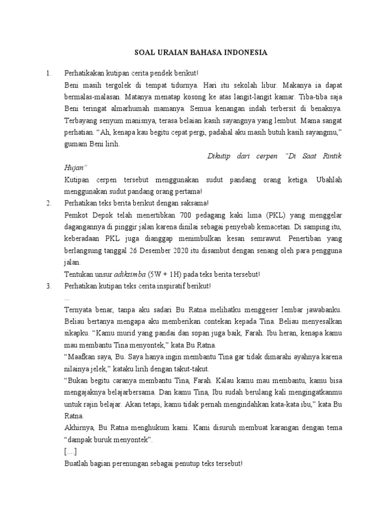 Soal Uraian Bahasa Indonesia PDF