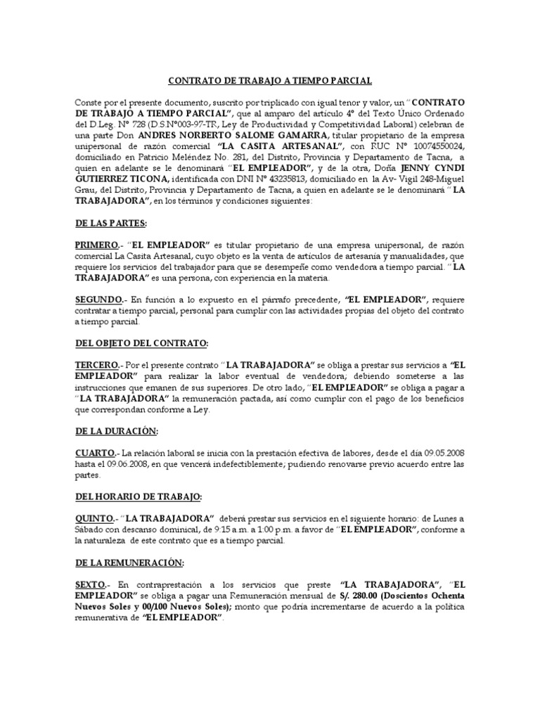 Modelo Contrato De Trabajo A Tiempo Parcial