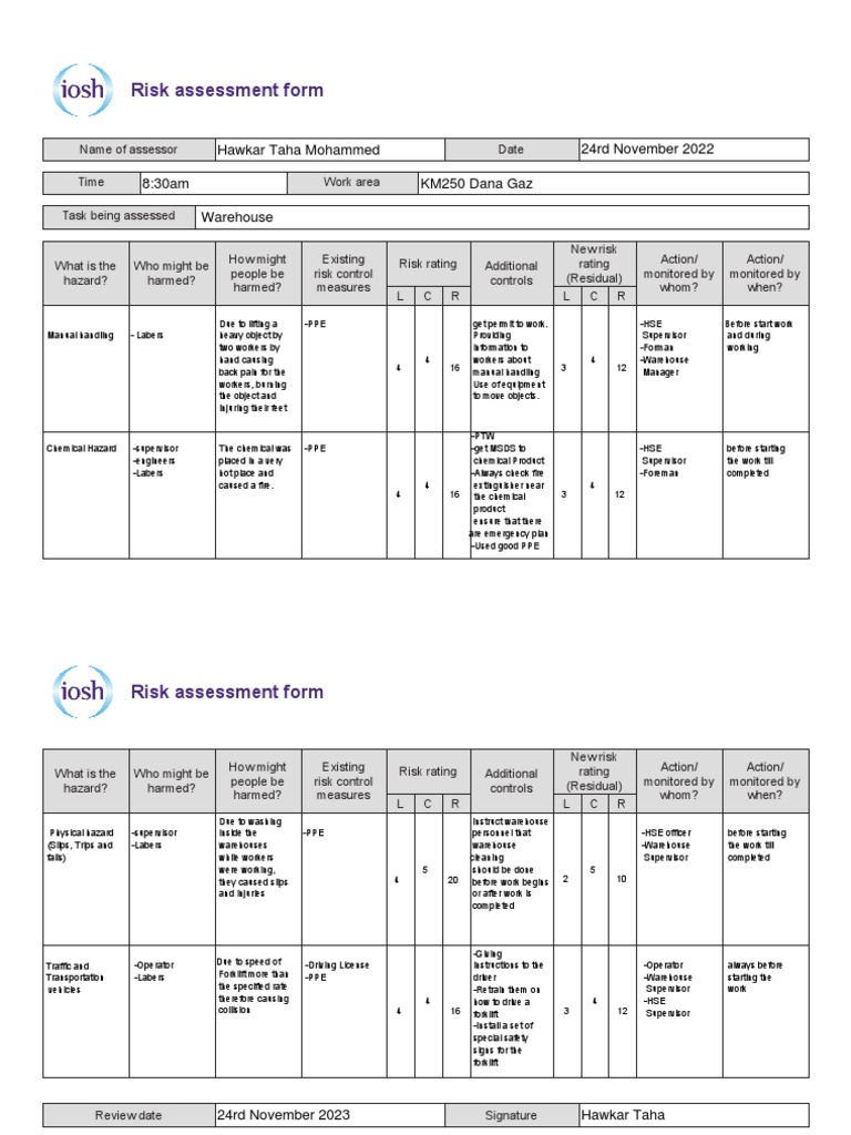 IOSH Risk Assessment for Warehouse Safety | PDF | Forklift | Risk