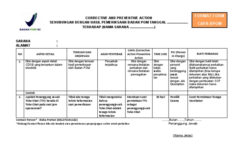 Format Form CAPA BPOM | PDF