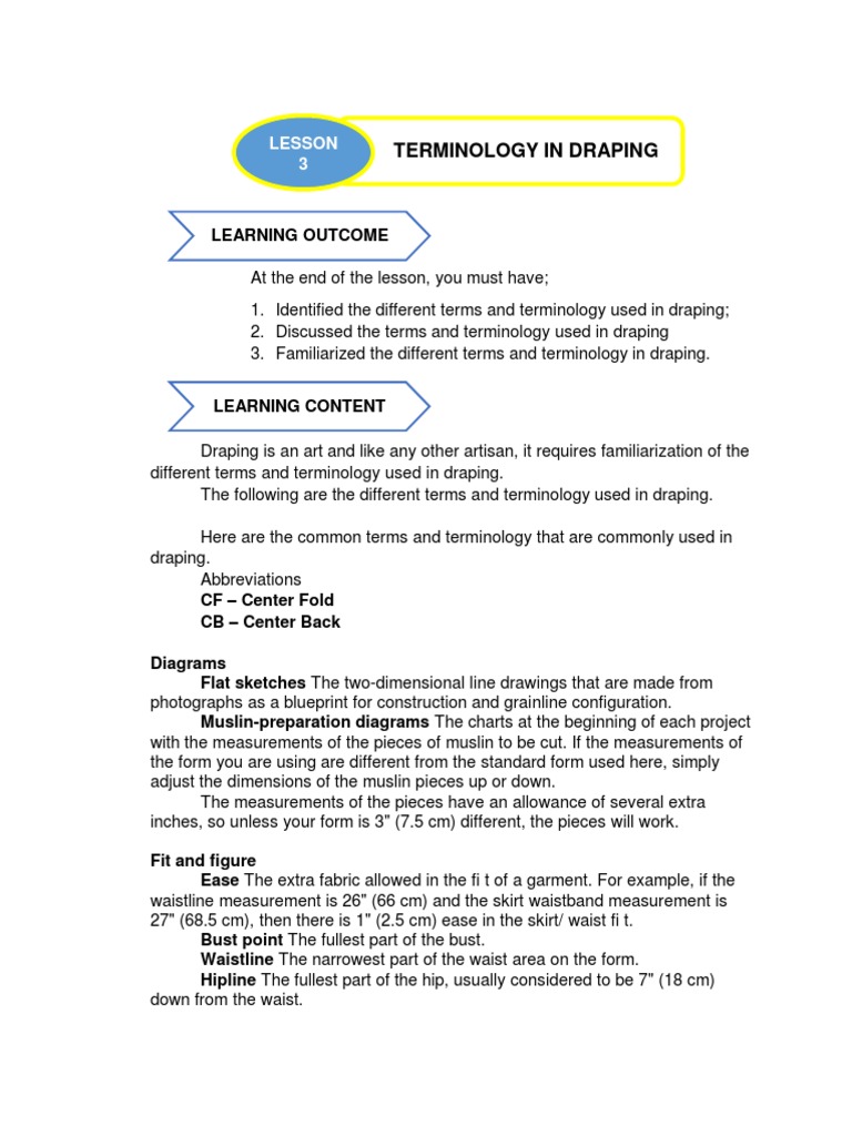 Draping Terminology Lesson PDF Seam (Sewing) Clothing