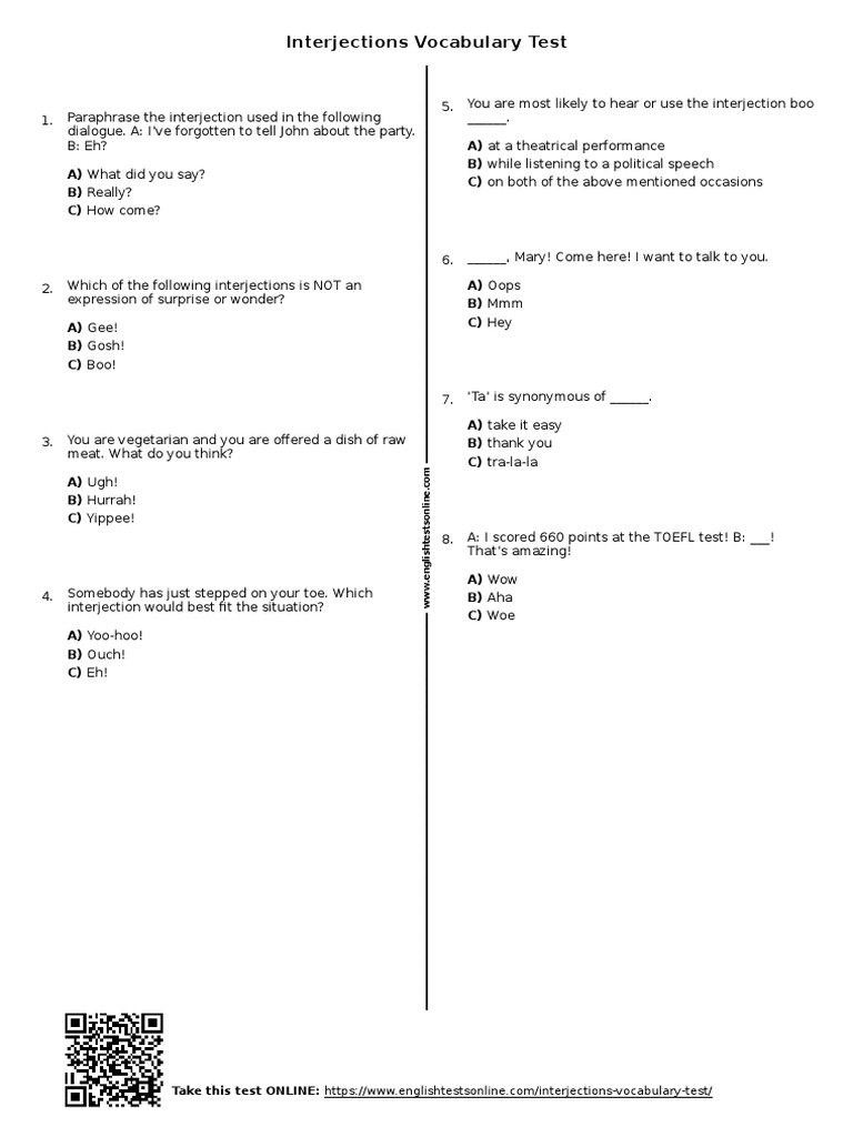 Interjections Vocabulary Quiz | PDF | Semantics | Syntactic Relationships