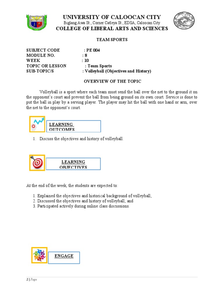 CLAS PE 004 Module 8 Week 10 Objectives and History of Volleyball PDF