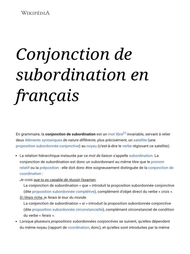 Conjonction de Subordination en Français - Wikipédia | PDF