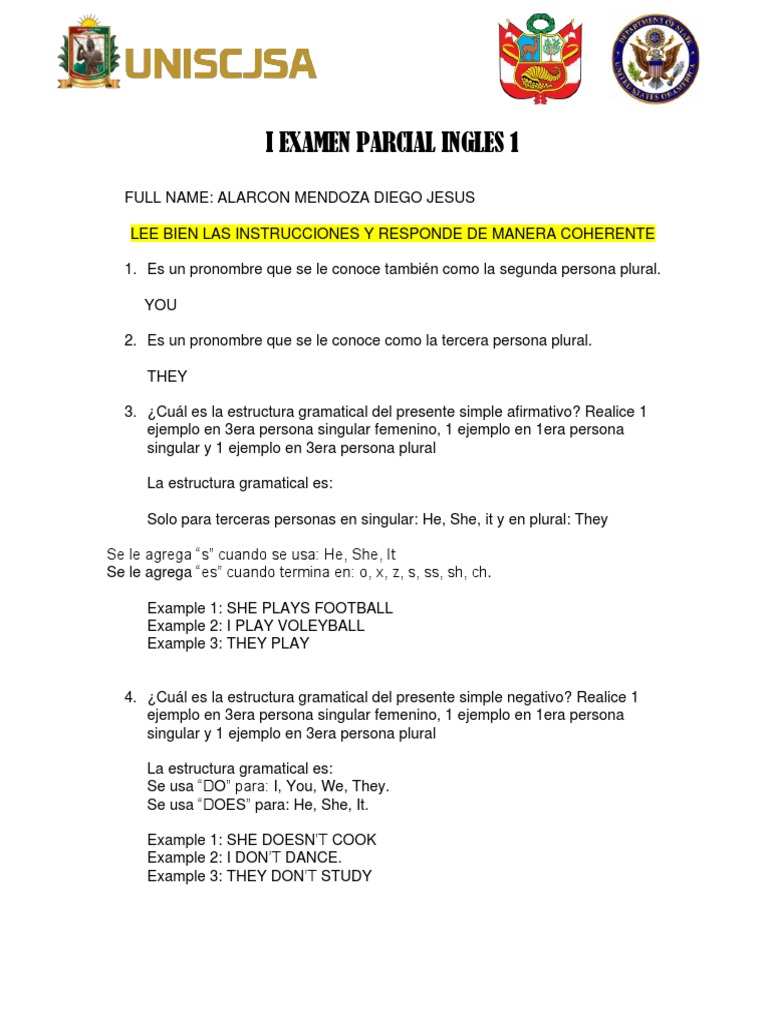 I EXAMEN PARCIAL INGLES 1.1 III | PDF