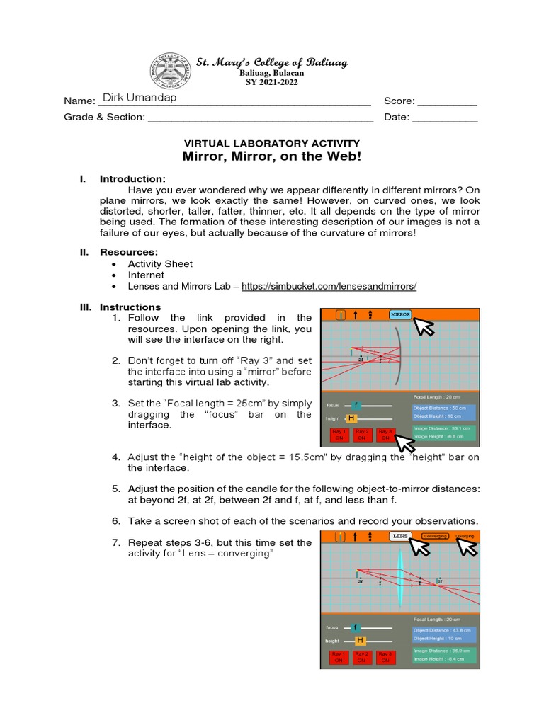 Virtual Experiment Lenses and Mirrors (Answered) PDF