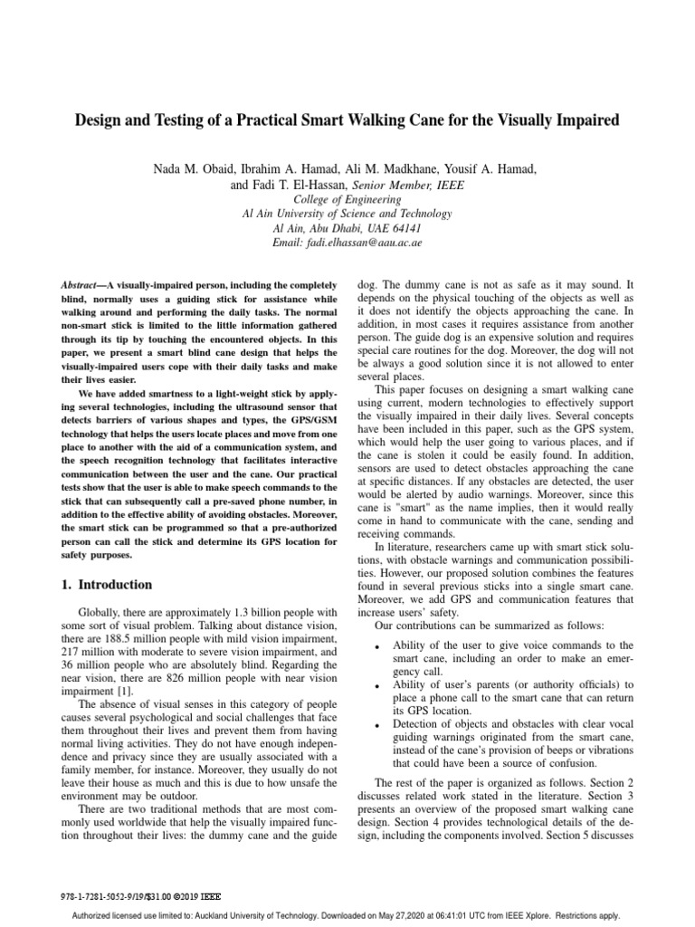 Design and testing of a practical smart walking cane for the visually