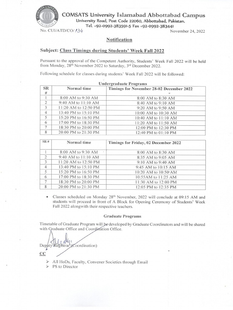 Notification-Class Timming During Students Week Fall 2022 | PDF