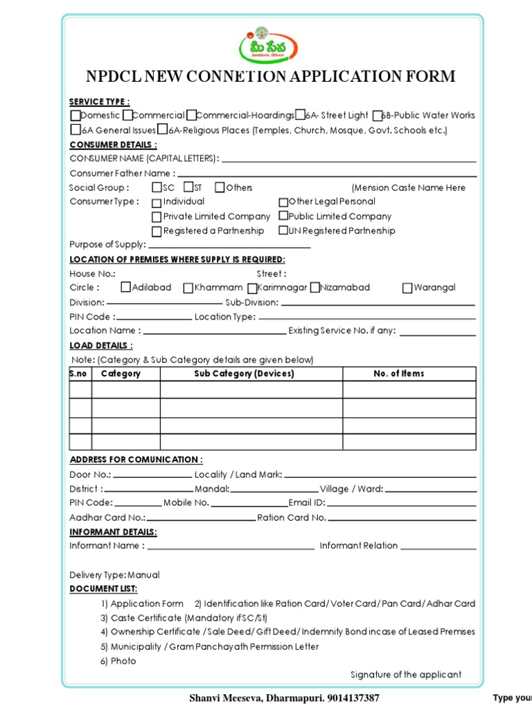 NPDCL New Connection Application Form | PDF | Access Control ...