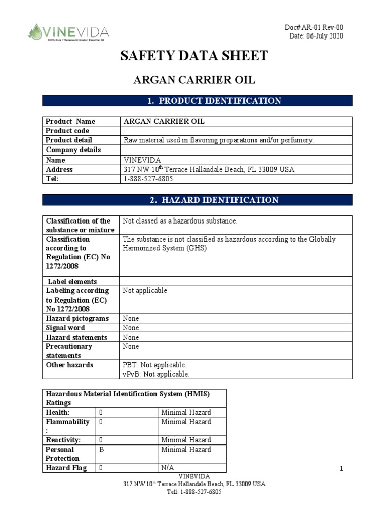 Argan Carrier Oil Sds PDF Occupational Safety And Health Chemistry