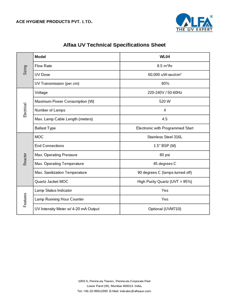 WL04 UV System Technical Specs | PDF