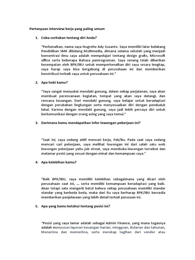 Pertanyaan Interview Kerja Yang Paling Umum | PDF