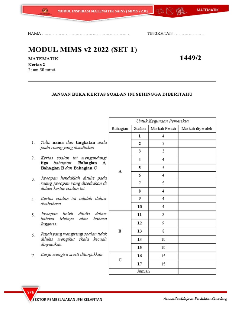 MODUL MIMS v2 2022 (SET 1) 1449/2: Matematik Kertas 2 | PDF