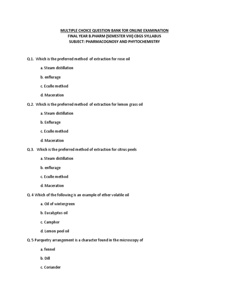 Sem 8 CBGS Pcognosy Sample MCQ | PDF | Essential Oil | Natural Products