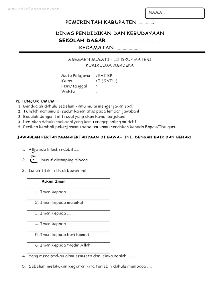 KisiKisi Soal Sumatif Semester 1 Kelas 1 Mapel Pendidikan Agama Islam