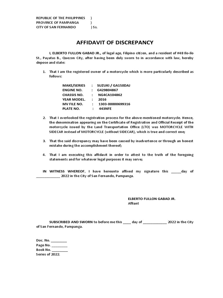 Affidavit of Discrepancy for Motorcycle | PDF
