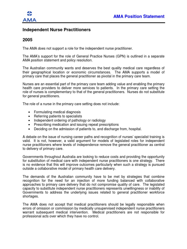 AMA Independent Nurse Practitioner Position Statement Nurse