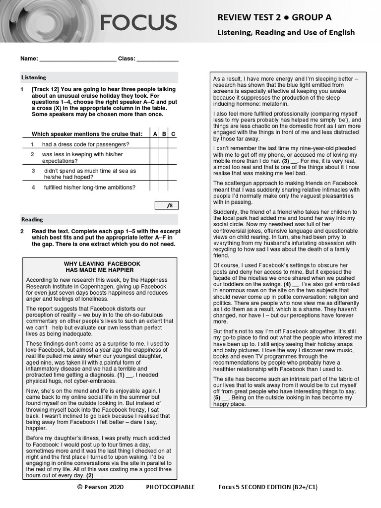 Focus5 2E Review Test 2 Units1 6 Listening Reading UoE GroupA | PDF ...