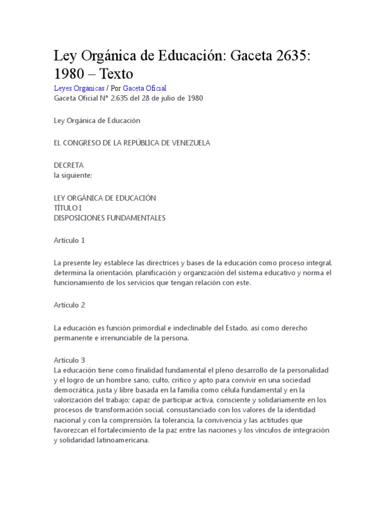 Ley Organica de La Educacion | Descargar gratis PDF | Educación más ...