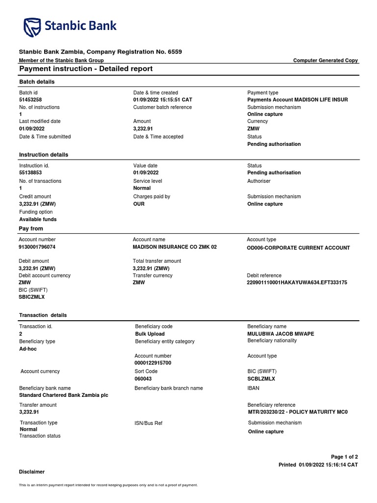 Payment Instruction - Detailed Report: Stanbic Bank Zambia, Company ...