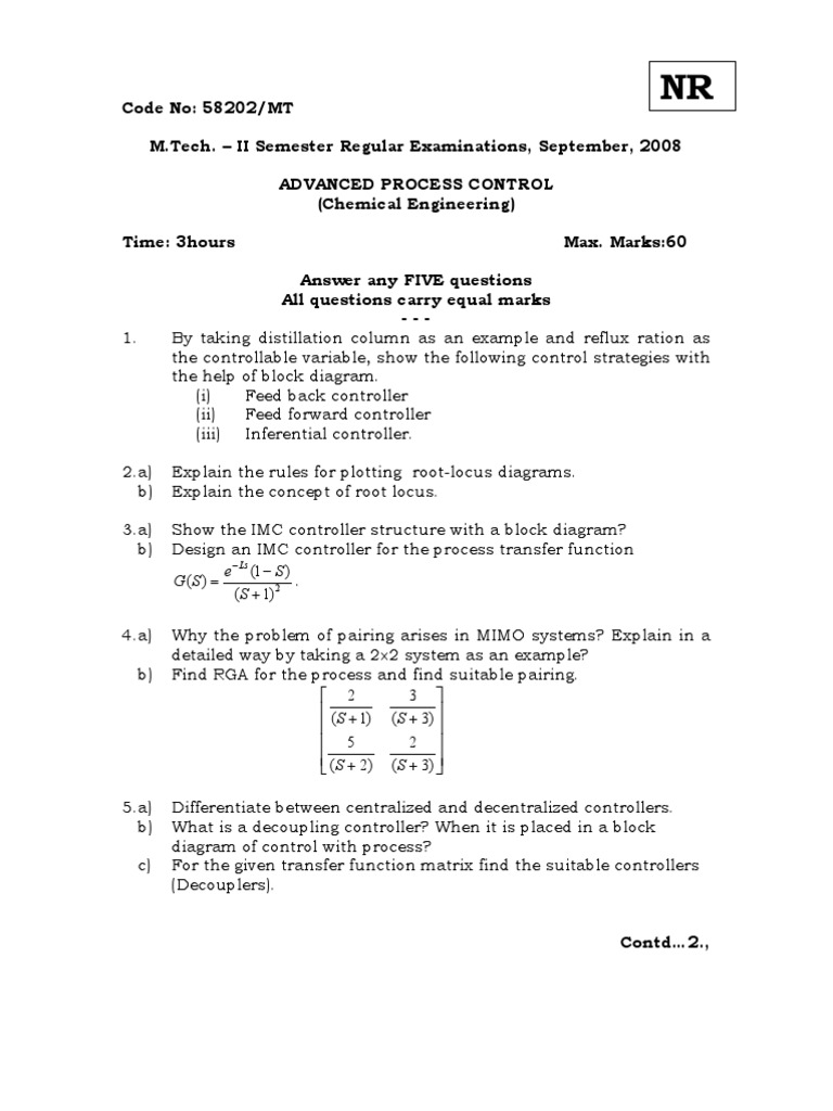 Advanced Process Control Exam Questions | PDF | Control Theory ...