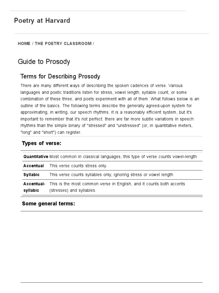 Guide To Prosody - Poetry at Harvard | PDF | Metre (Poetry) | Poetry