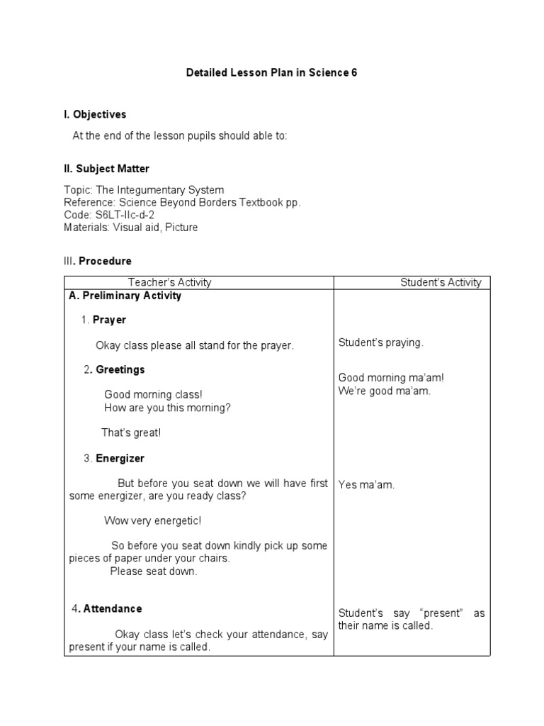 Grade 6 Science: Integumentary System Plan | PDF