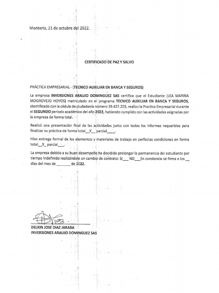 Certificado de Paz y Salvo | PDF
