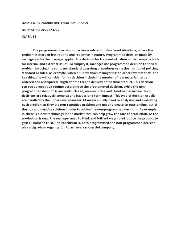 Programmed vs Non-Programmed Decisions | PDF
