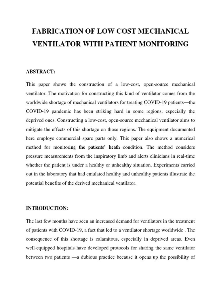 Fabrication of Low Cost Mechanical Ventilator With Patient Monitoring ...