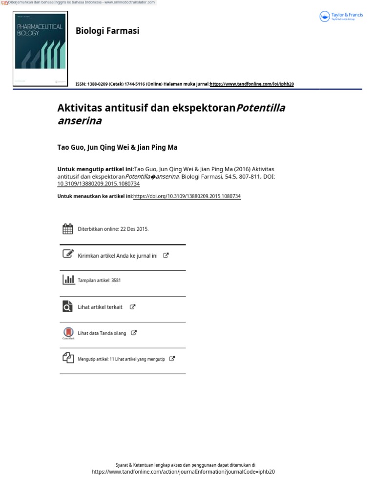 Antitussive and Expectorant Activities of Potentilla Anserina - En.id | PDF