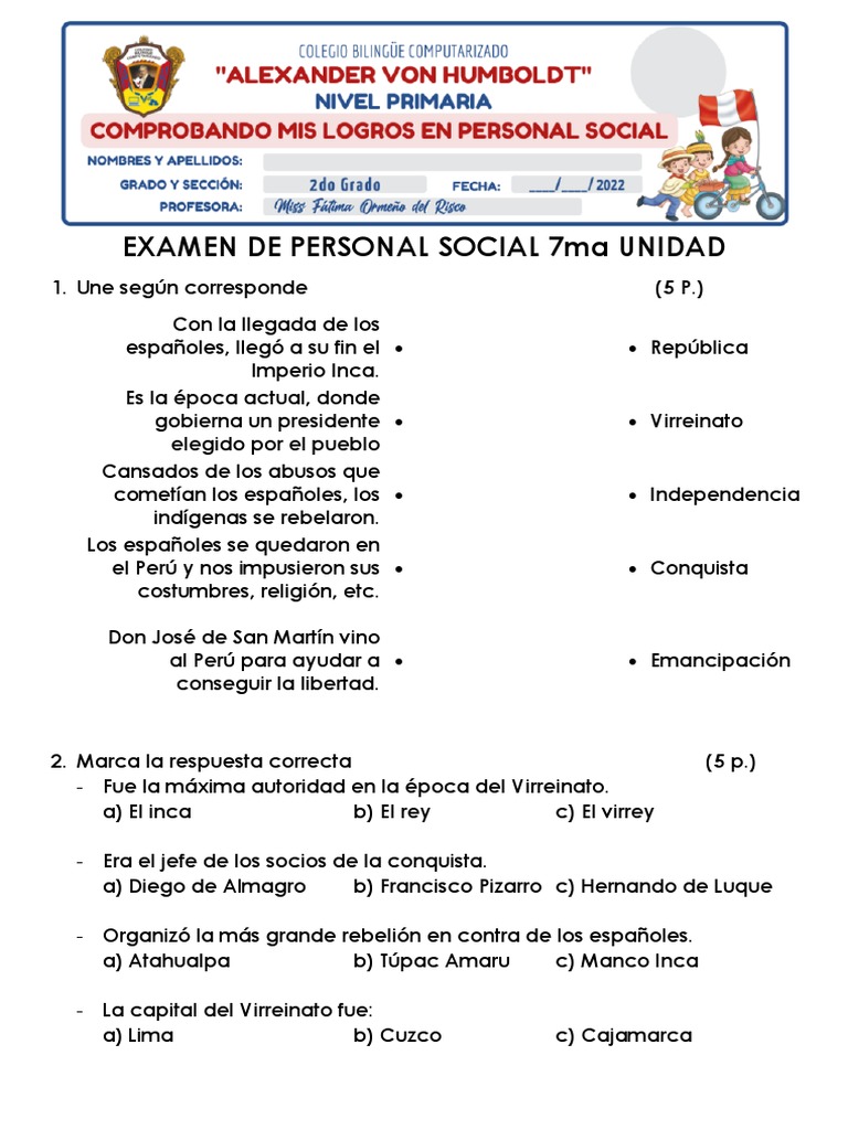 Examen de Personal Social 7ma Unidad | PDF | Francisco Pizarro | Perú
